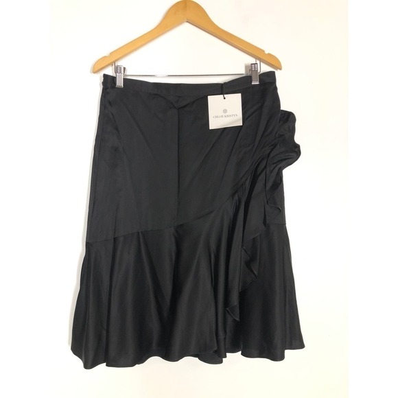 Chloe Kristyn Traci Skirt Satin Flounce Ruffle Hem Black Midi NWT Size XL - Picture 4 of 9